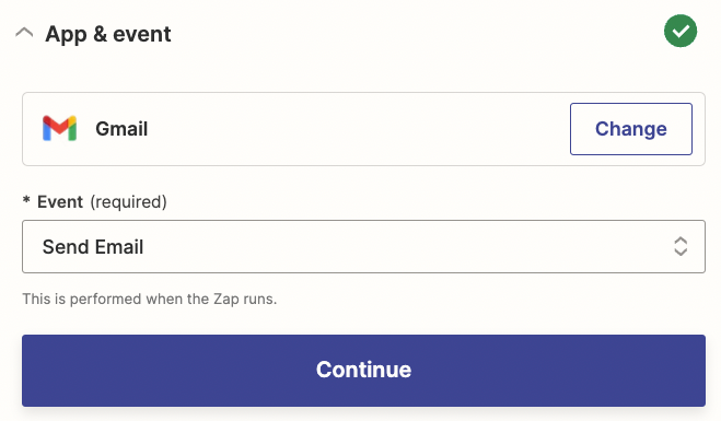 An action step in the Zap editor with Gmail selected for the action app and Send Email selected for the trigger event.