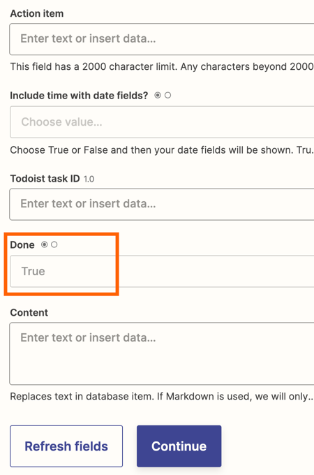 Screenshot of the Zap editor showing the "Done" field is marked "True"