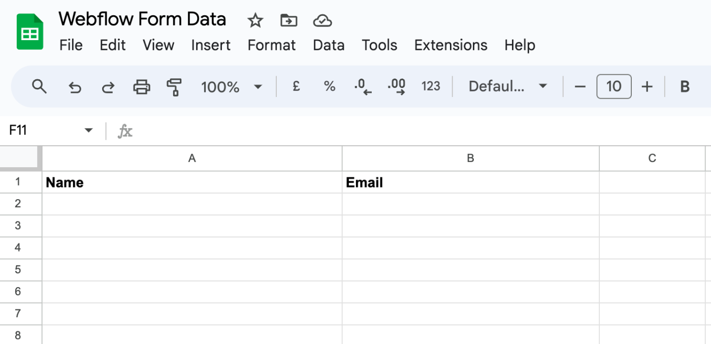 A Google Sheet titled "Webflow Form Data" with two columns for Name and Email.