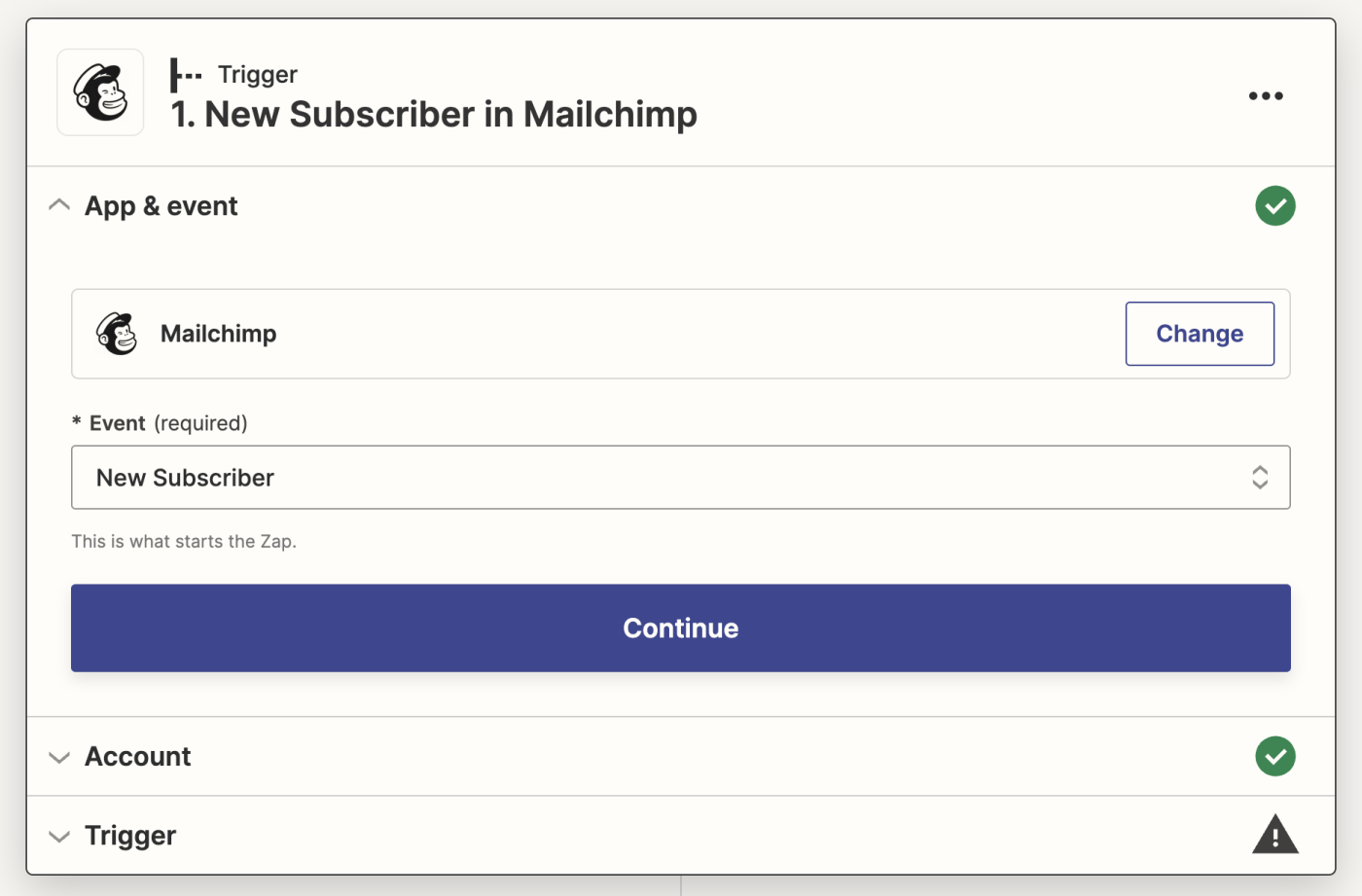 A trigger step in the Zap editor with Mailchimp selected for the trigger app and New Subscriber selected for the trigger event.