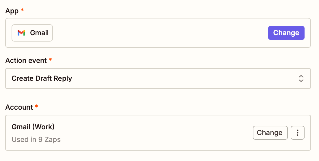 A window inside the Zap editor with filled-out fields for an app, action event, and account