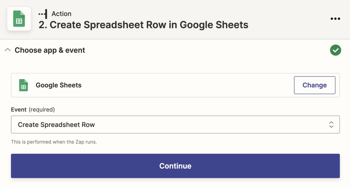 The Google Sheets app selected with Create Spreadsheet Row selected in the Event field.
