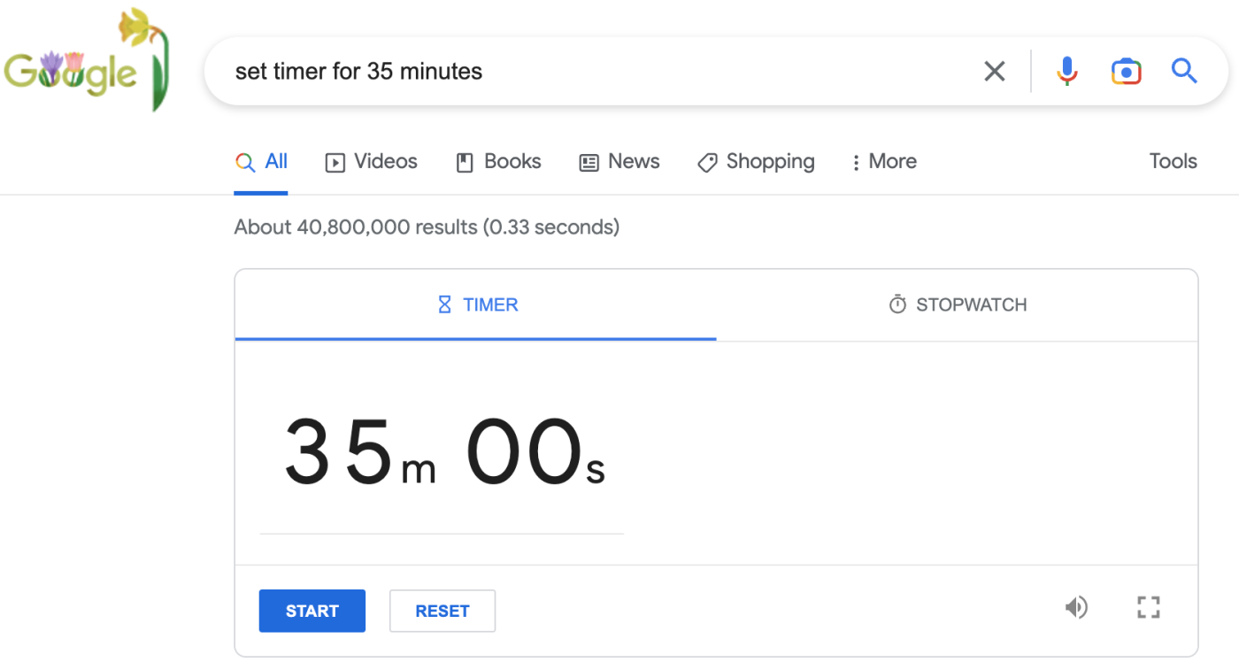 A timer set for 35 minutes at the top of a Google Search results page with the words set timer for 35 minutes in the search bar.