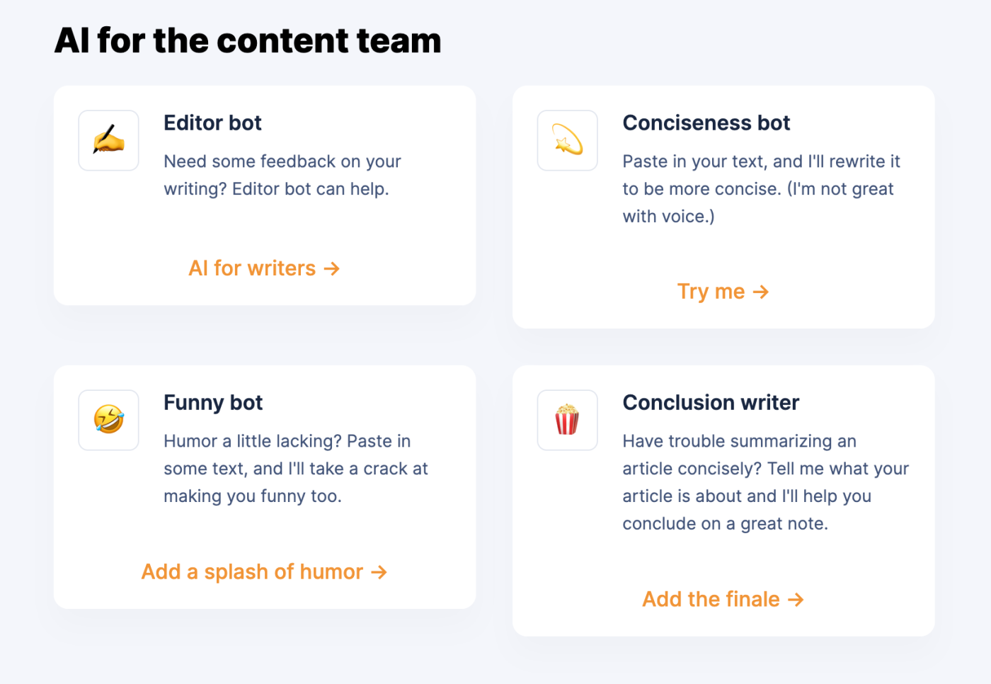 A landing page with a set of different content team chatbots.