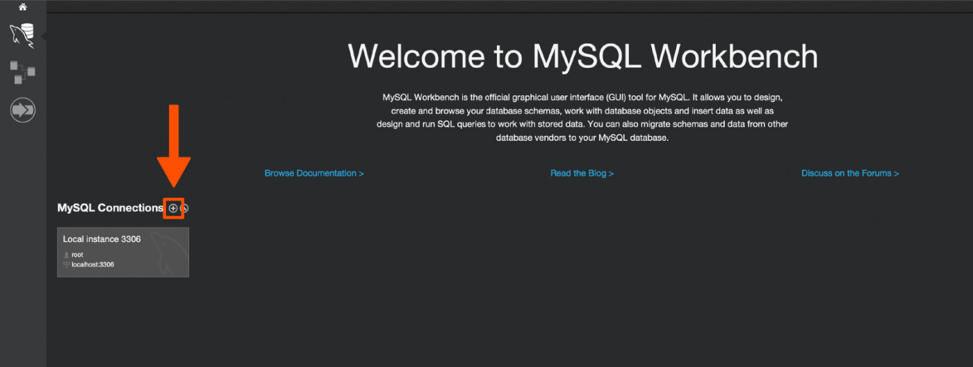 Screenshot showing how to add a connection in MySQL Workbench.