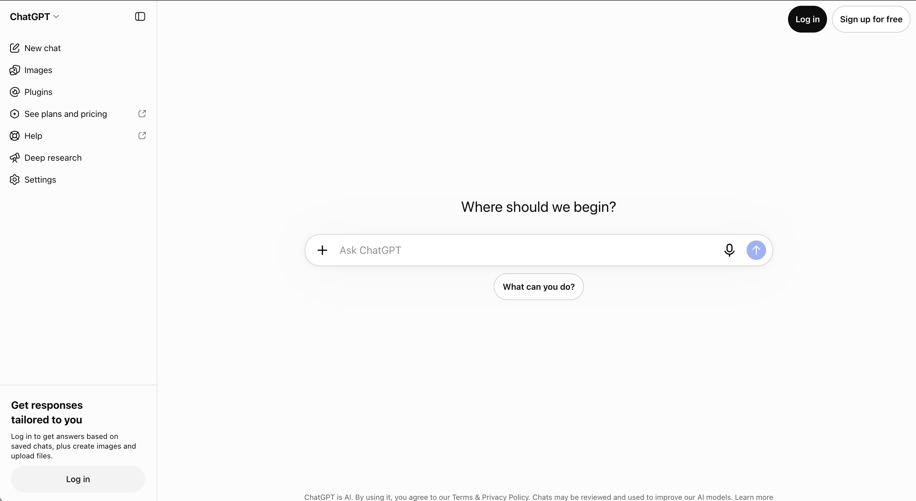 Black screen with white font displaying the ChatGPT landing page