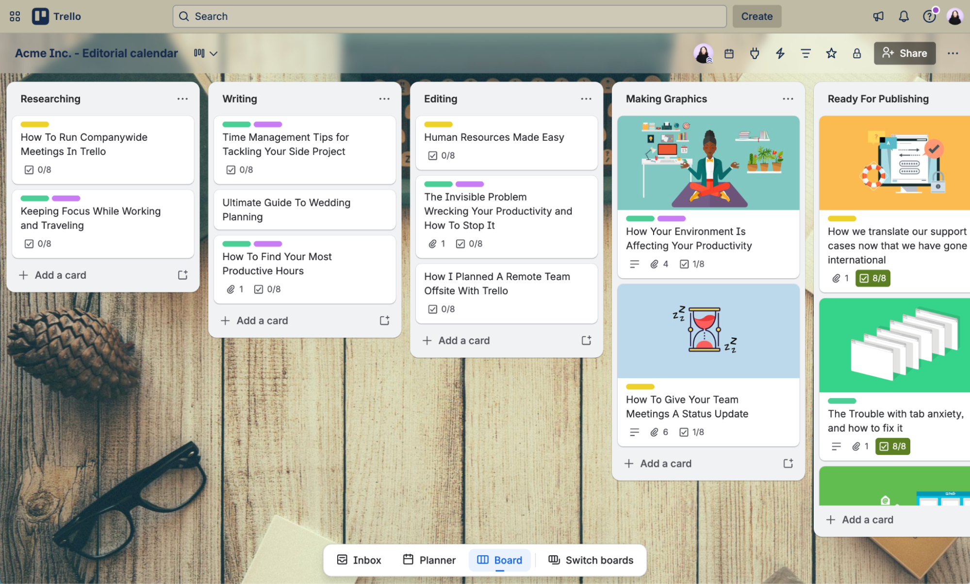 Trello board example for a content and editorial calendar.