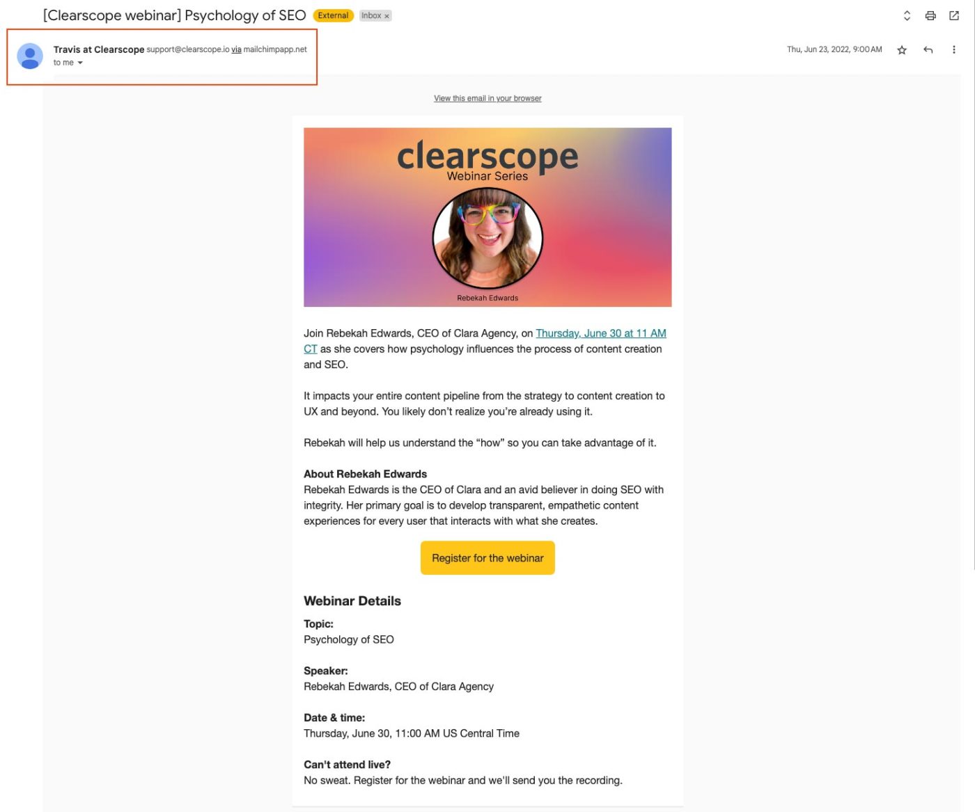 Screenshot of an email from Clearscope with the sender name highlighted in a red box: Travis at Clearscope.