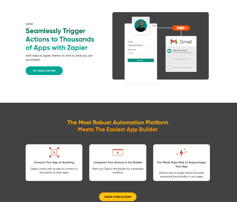 Adalo's product features page, which lists their Zapier integration as a platform feature.