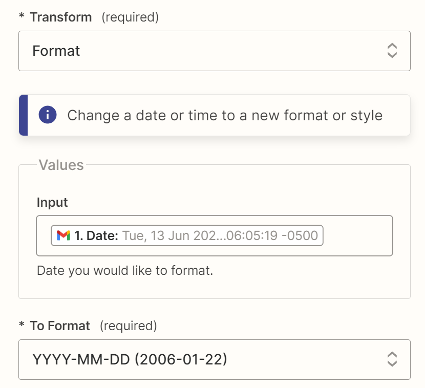 A Formatter step in the Zap editor with fields filled out.