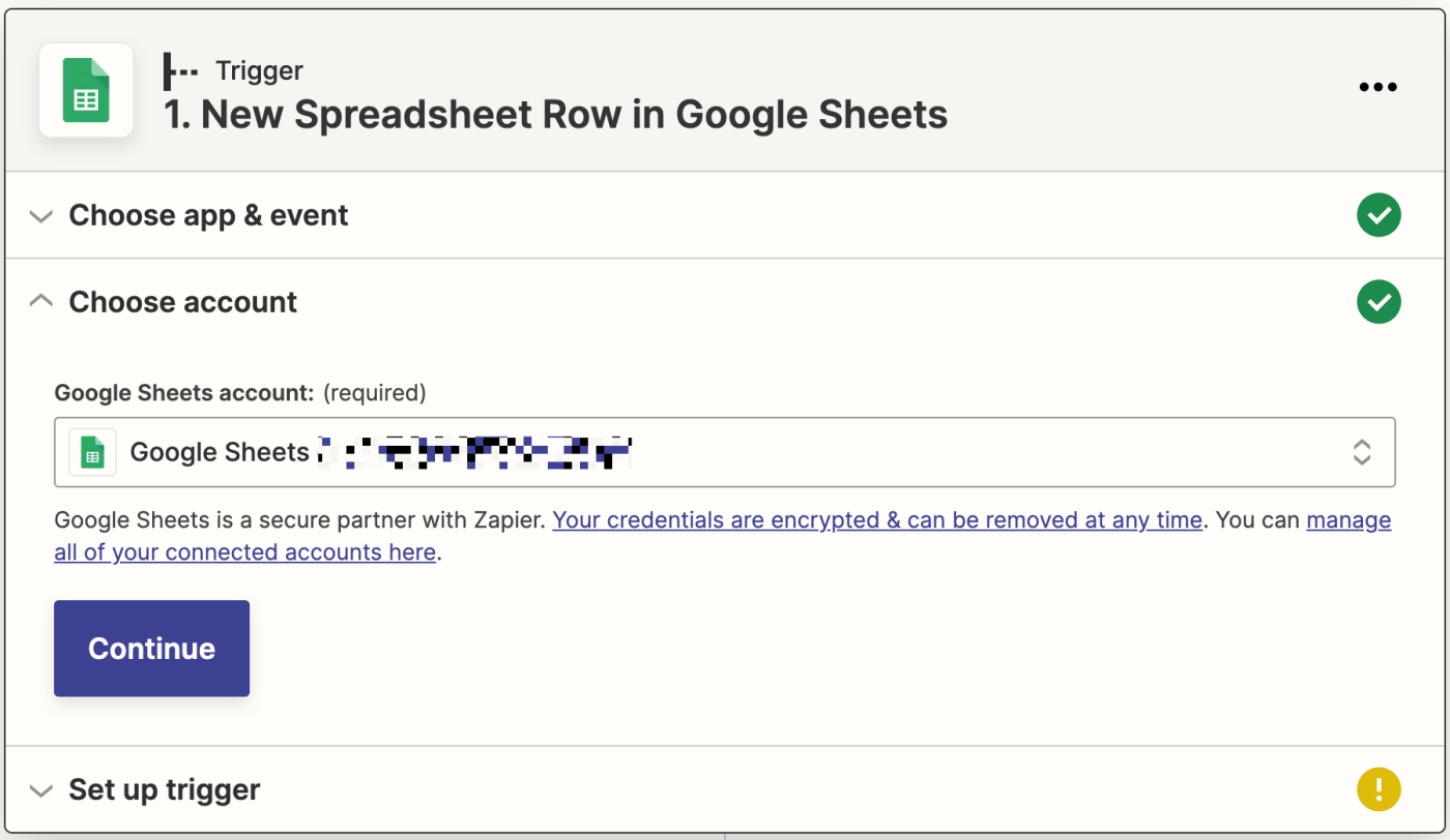 In the Google Sheets account field, a Google Sheets account is selected next to the Google Sheets logo.