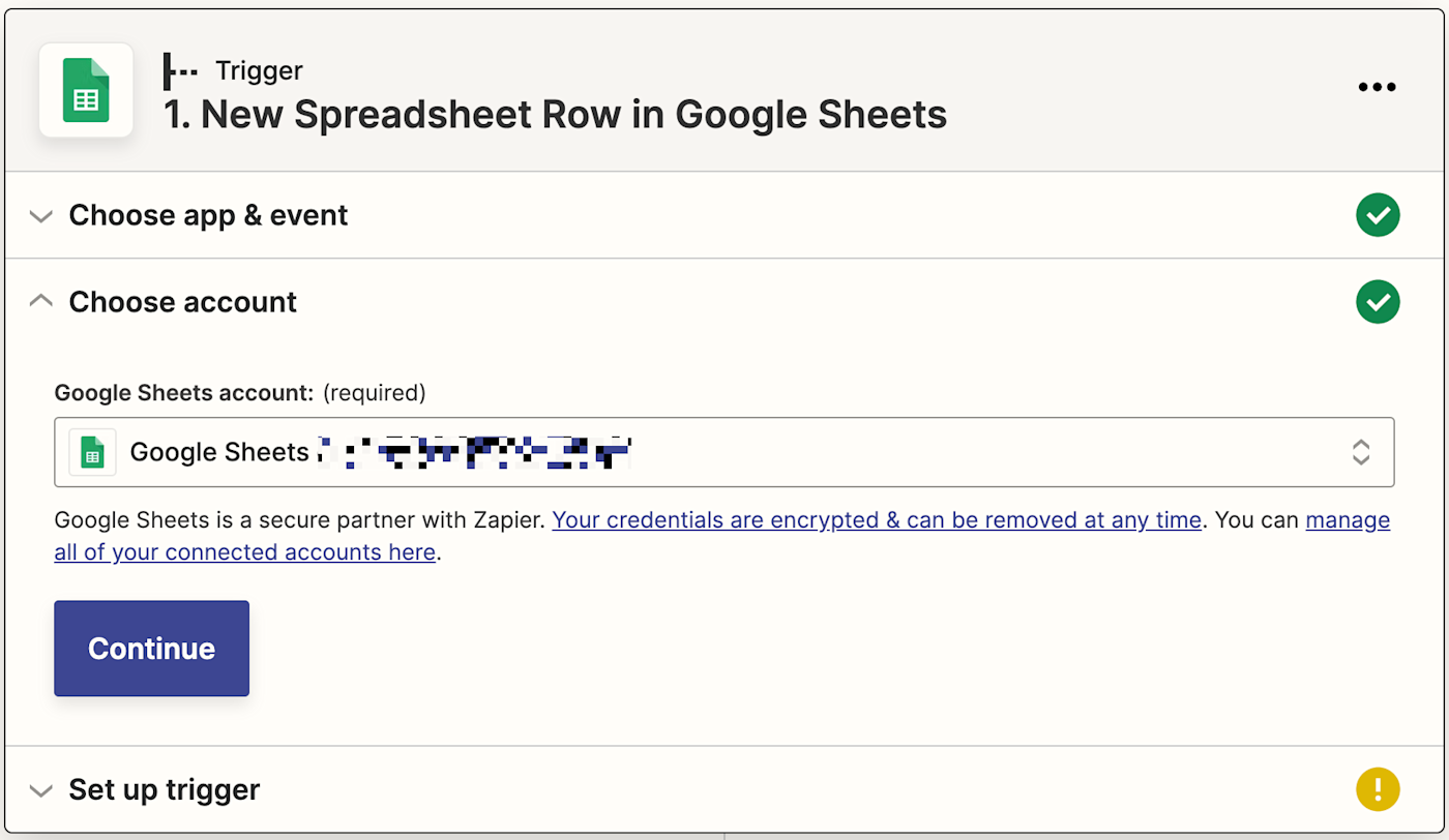 In the Google Sheets account field, a Google Sheets account is selected next to the Google Sheets logo.