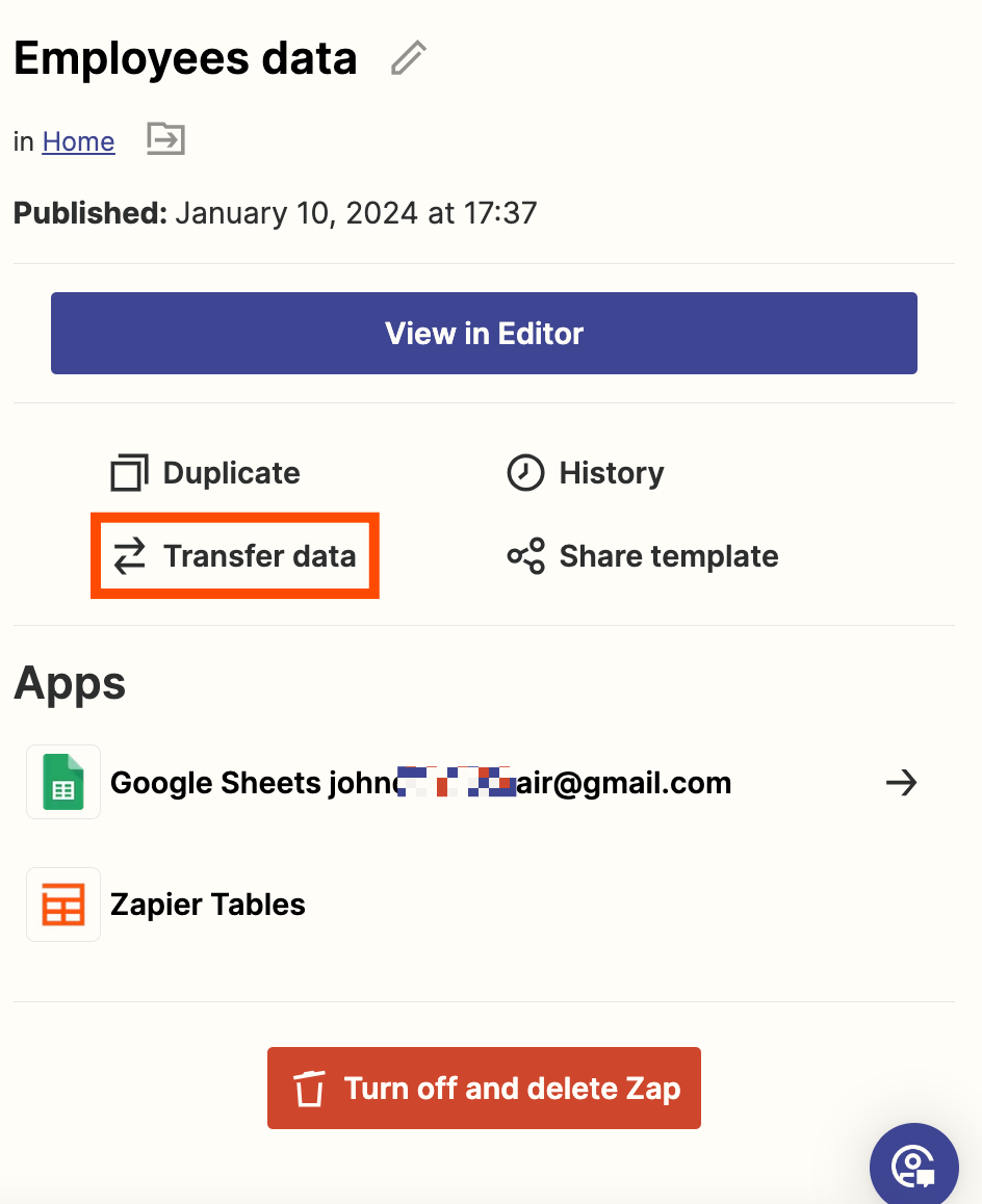 Screenshot of Transfer data in Zap