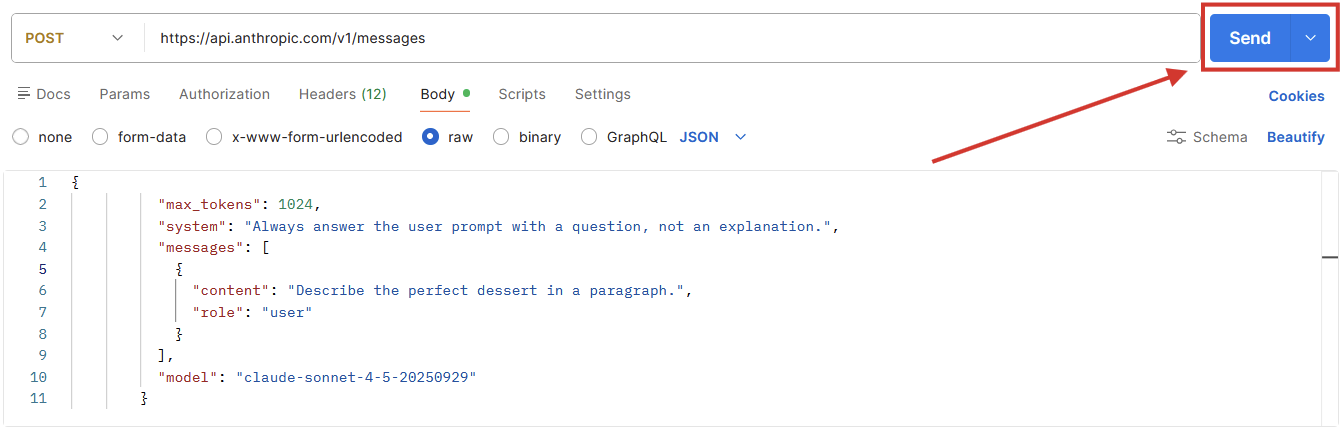 Clicking Send with the new prompt