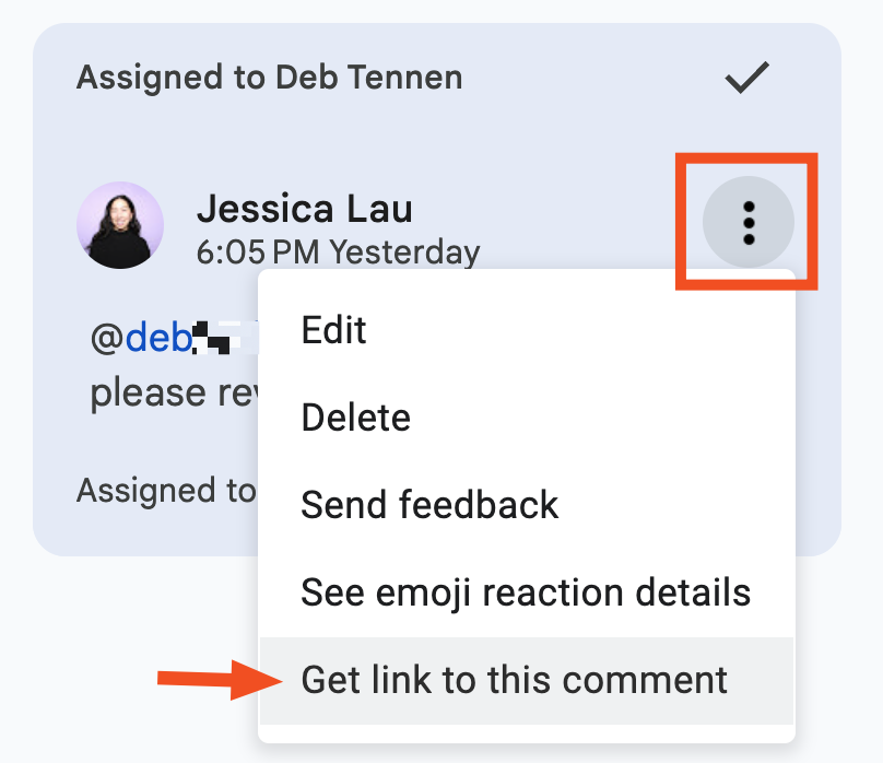 Comment in a Google Docs document with the "Get link to this comment" option selected.