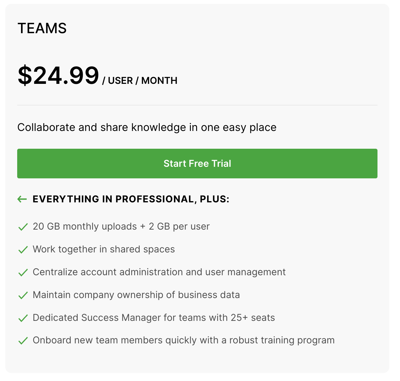 Screenshot of Evernote's pricing plan for teams.