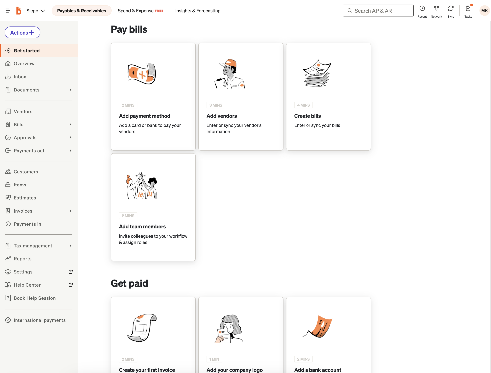 A screenshot of BILL, a finance automation software.