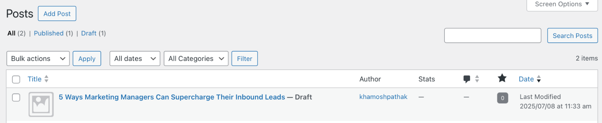 The WordPress dashboard with one draft in the queue