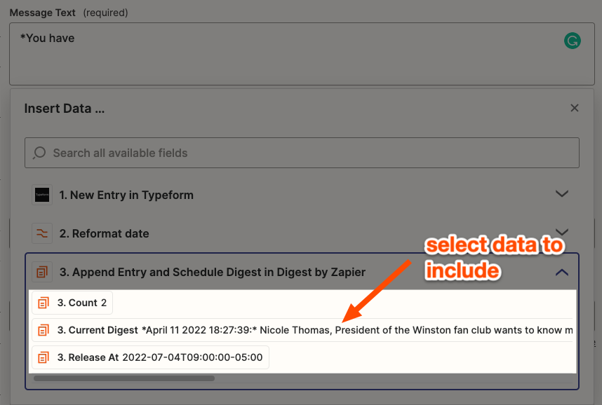 Field mapping in the Zap editor. A dropdown menu in the "Message Text" field shows values from the previous digest step. A red arrow instructs the user to click the values to map data.