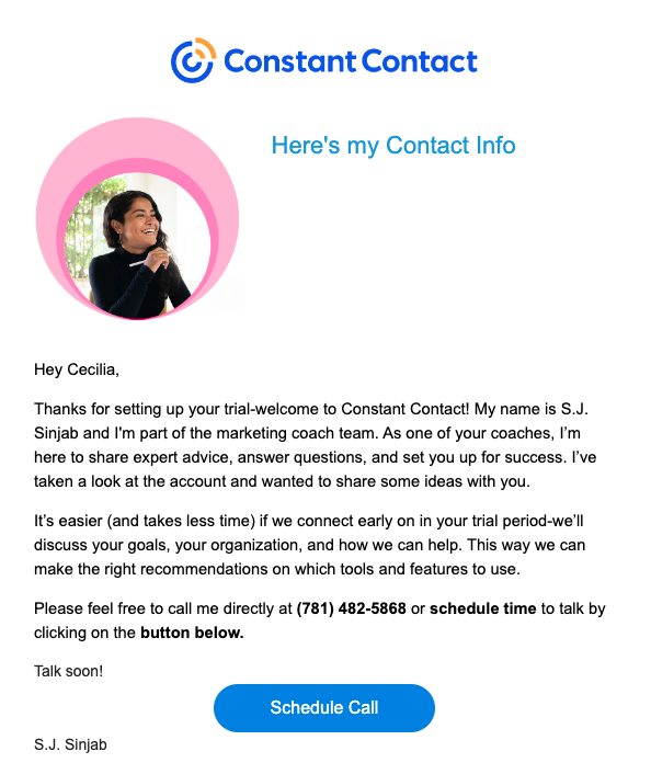 Screenshot of an automated follow-up email from Constant Contact