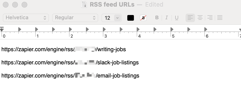 A screenshot of the TextEdit program with several links pasted. An arrow points to a URL directing users to paste the RSS feed URL that was previously copied to the clipboard.