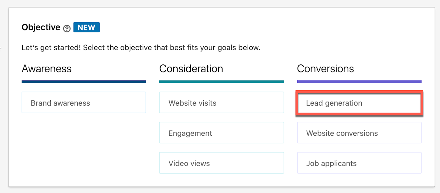 The Objective area of LinkedIn. Under Conversions is Lead generation