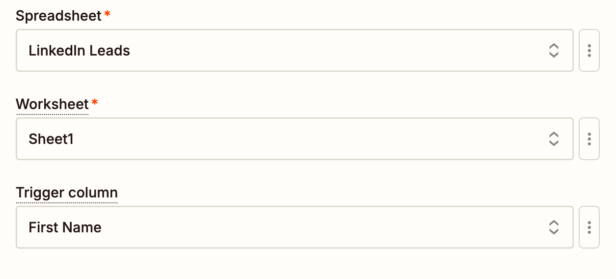 Screenshot of the Google Sheets trigger set up
