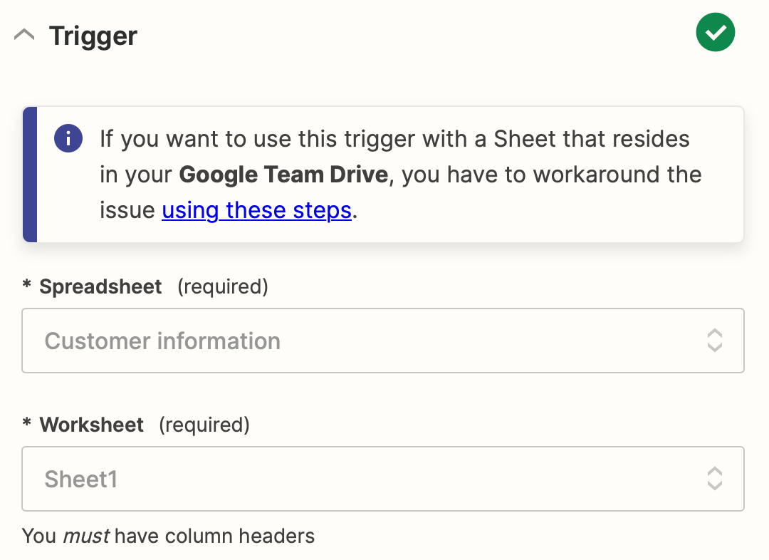 Screenshot of the Google Sheets trigger set up