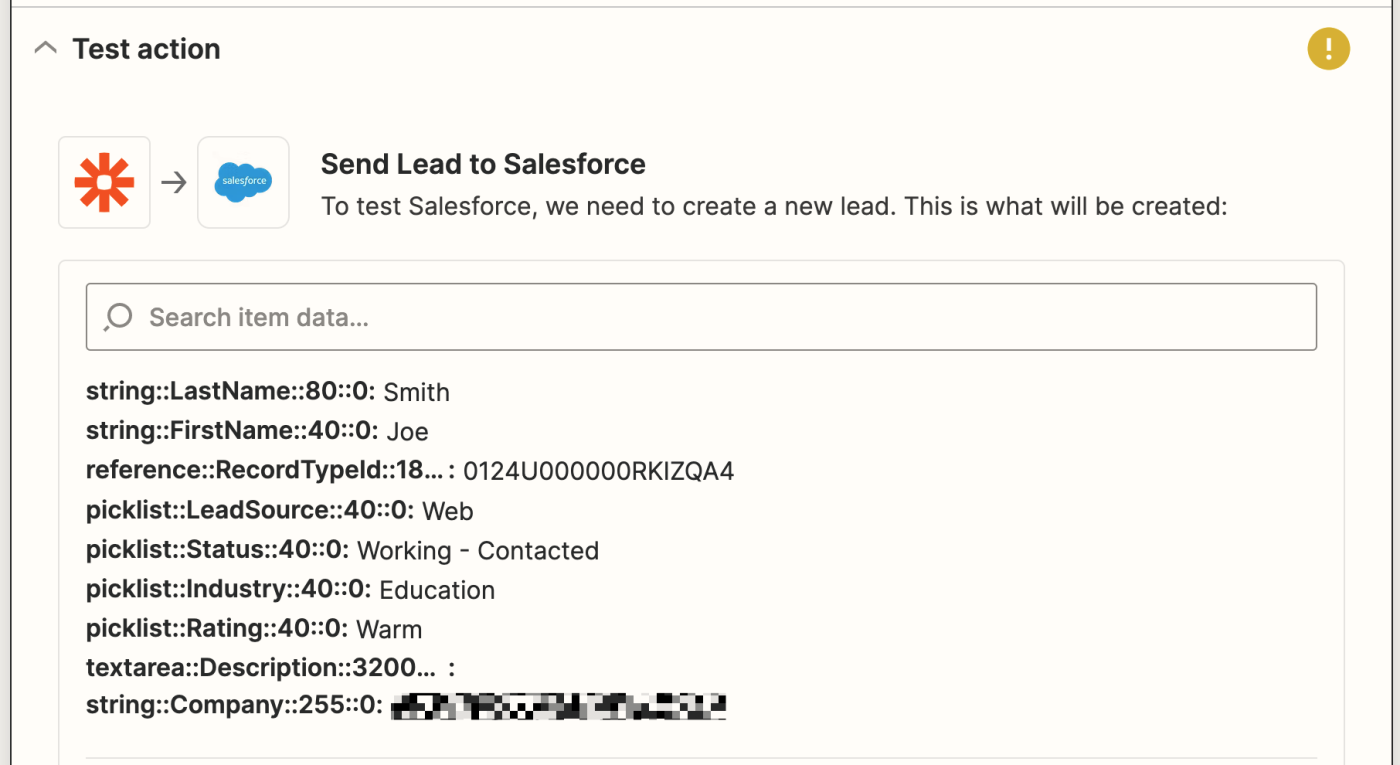 A test screen with the Zapier logo connected to the Salesforce logo with an arrow and the text "Send Lead to Salesforce".