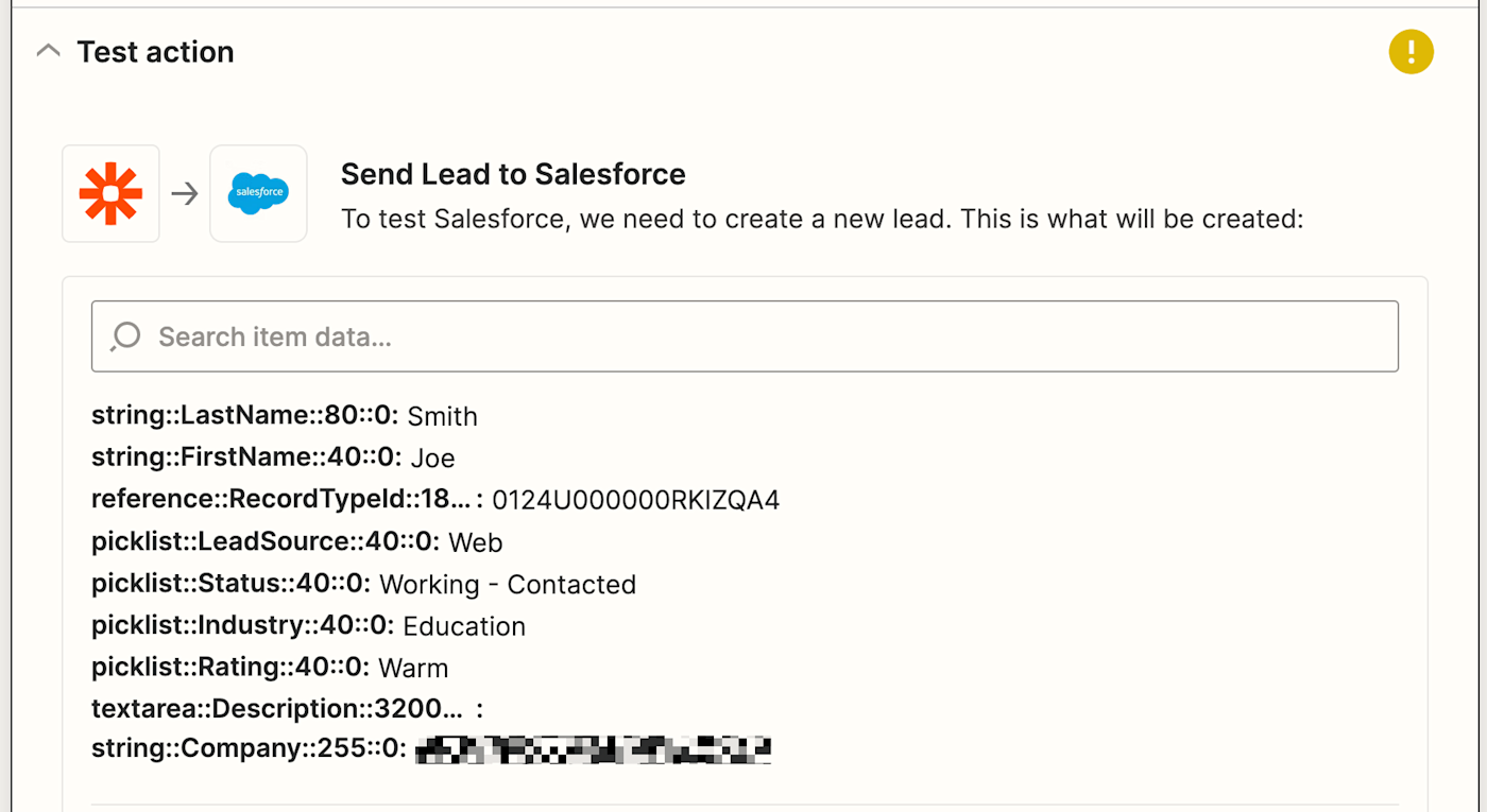 A test screen with the Zapier logo connected to the Salesforce logo with an arrow and the text "Send Lead to Salesforce".