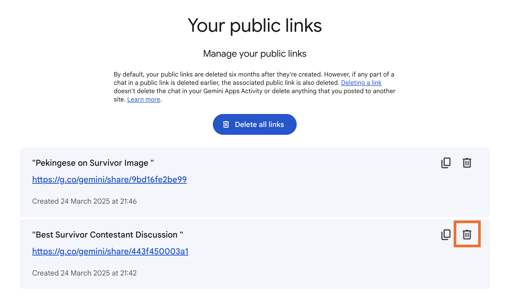 List of public links to Gemini conversations with the delete icon next to one link highlighted.