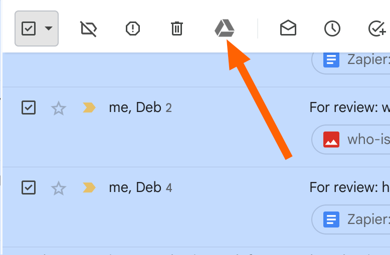 Gmail interface with an orange arrow points to the "Save to Drive" icon in the toolbar above the emails.