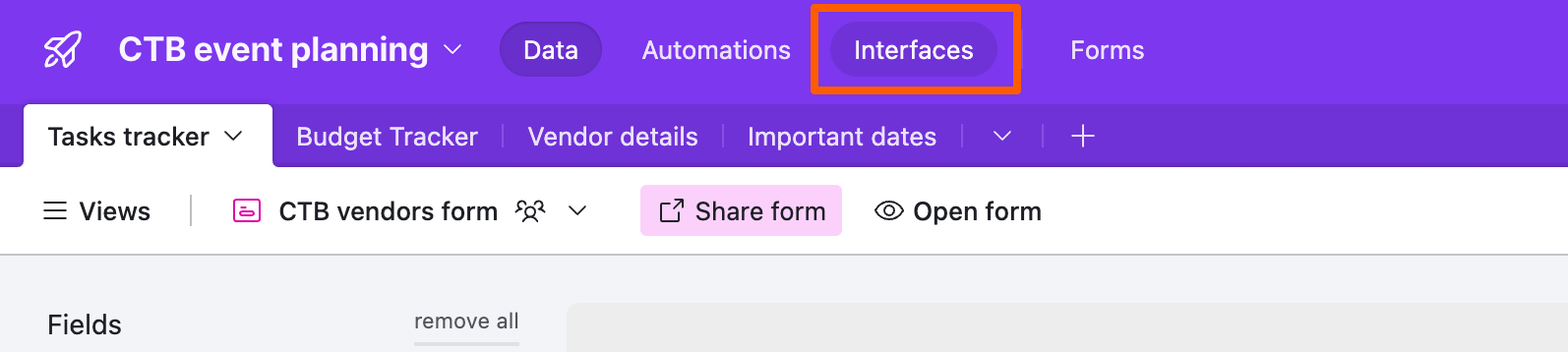 Portion of an Airtable base with the Interfaces tab highlighted. 