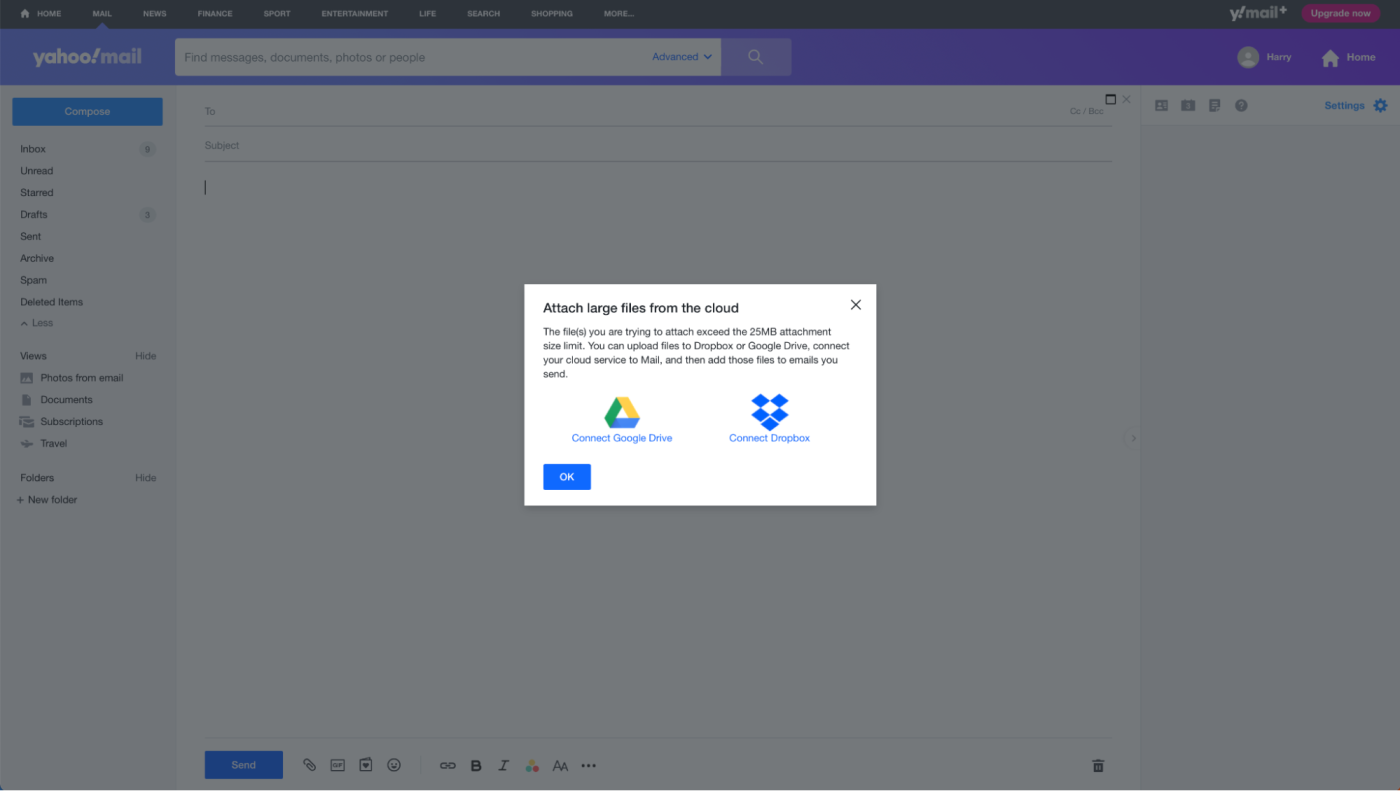 Attaching a file in Yahoo Mail offers Dropbox or Google Drive as a way to do it