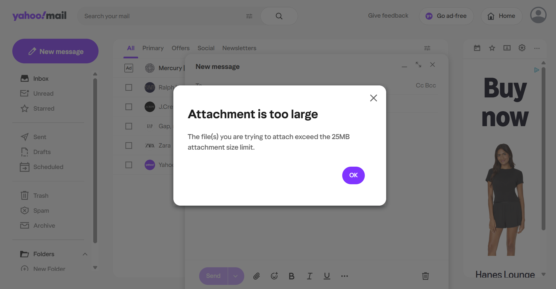 Attaching a file in Yahoo Mail gives an error message