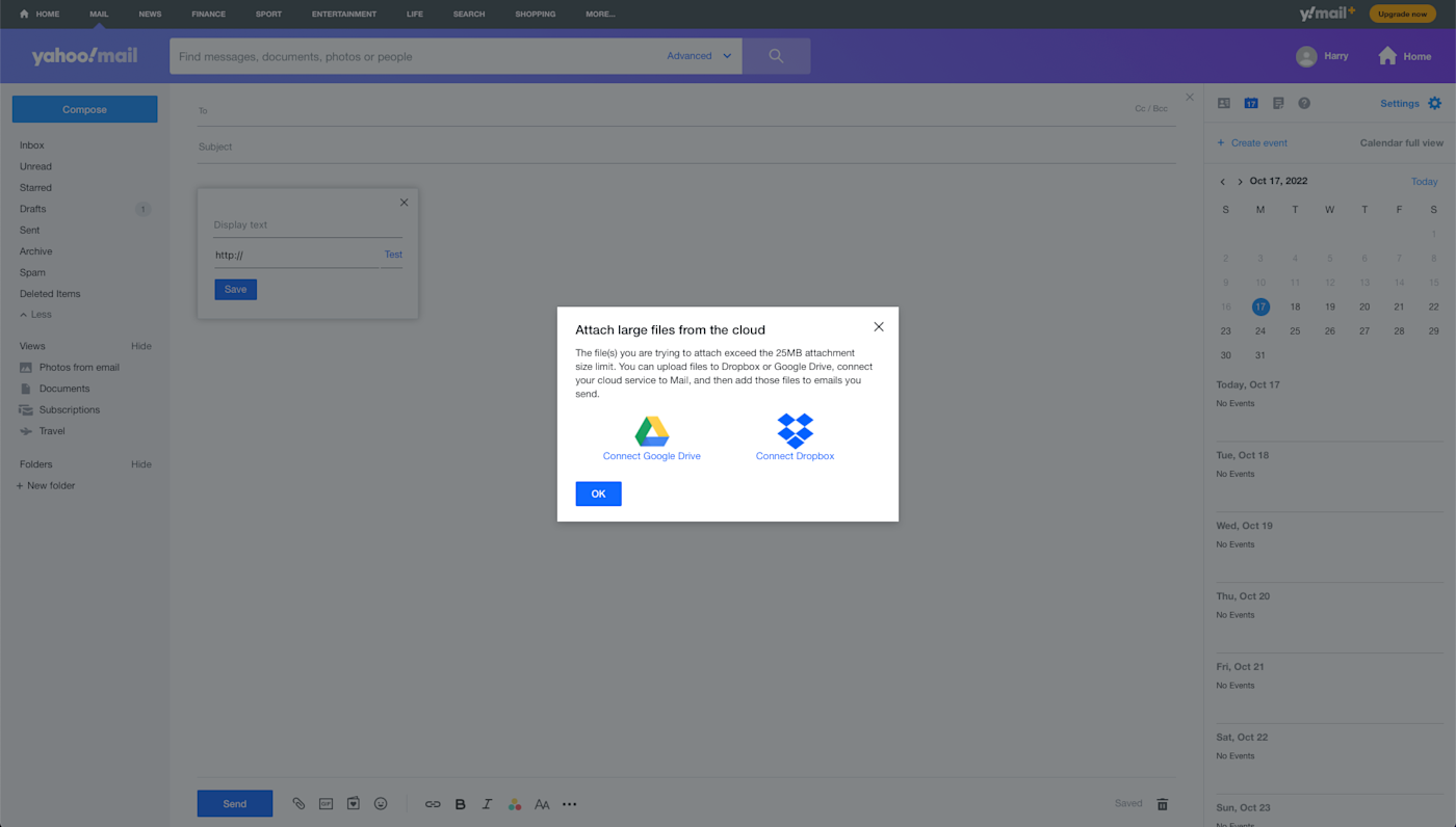 Attaching a file in Yahoo Mail offers Dropbox or Google Drive as a way to do it