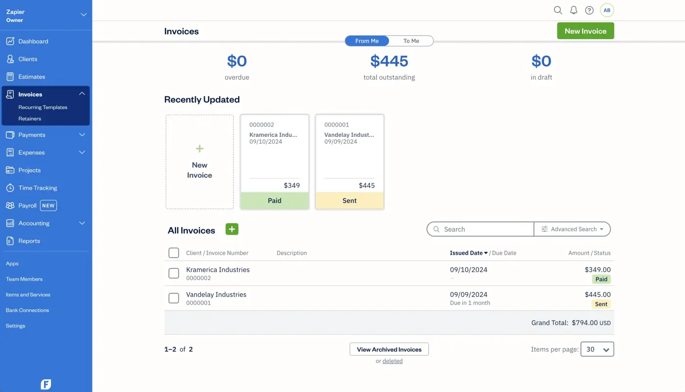 Screenshot of FreshBooks' invoicing feature 