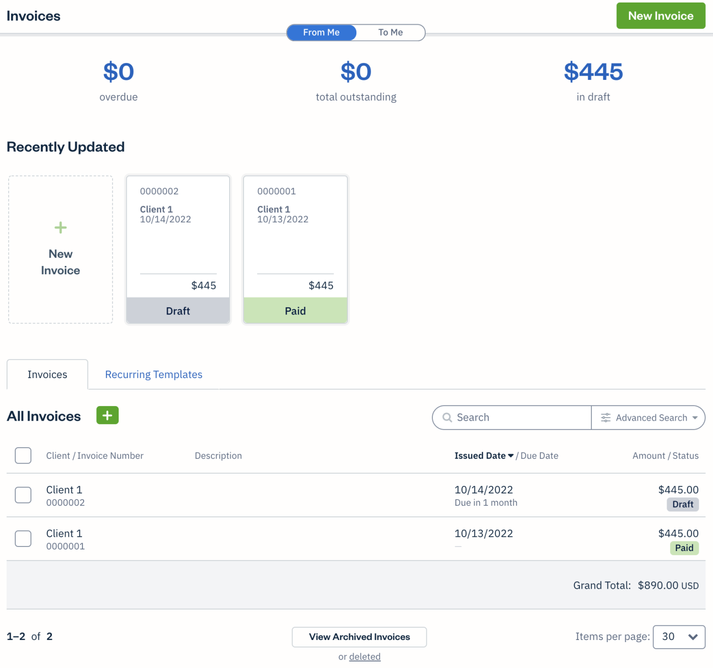 Screenshot of FreshBooks' invoicing feature 