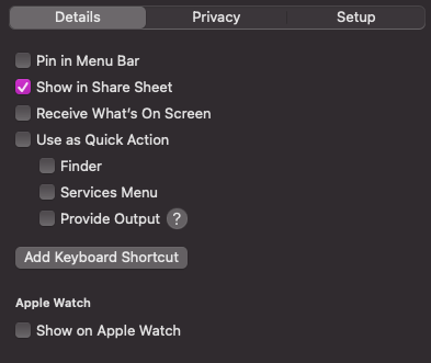 The Details menu with the checkbox filled in next to "Show in Share Sheet"