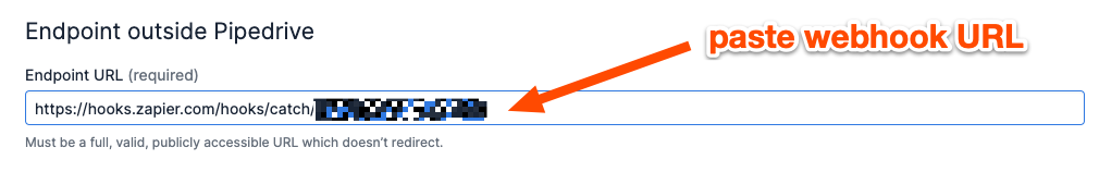 An orange arrow points to a field labelled Endpoint URL with the text "paste webhook URL".