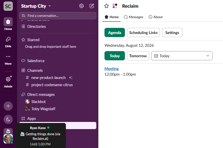 The Reclaim.ai Slack app
