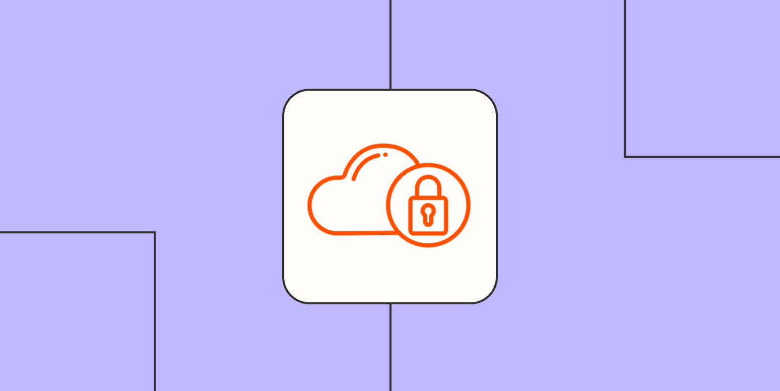 An orange icon of a cloud and a lock against a lavender background