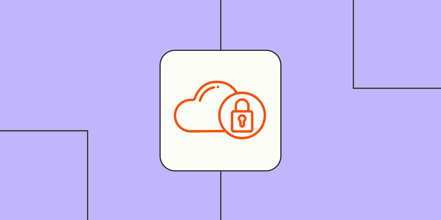 An orange icon of a cloud and a lock against a lavender background