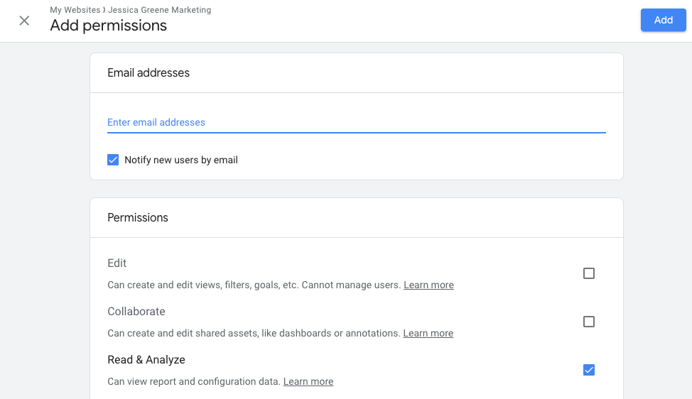 set permissions for new google analytics users