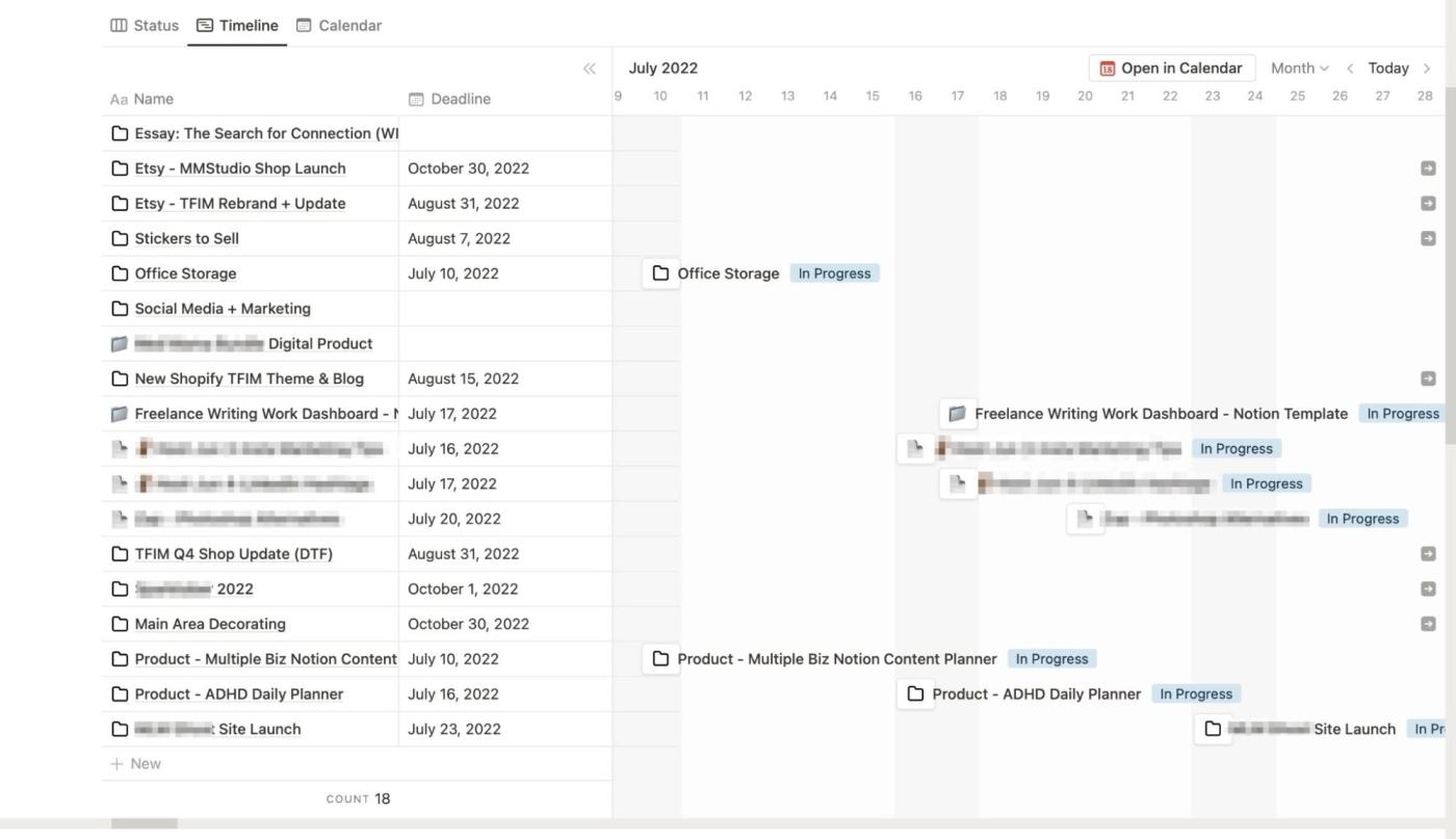 A timeline view in Notion