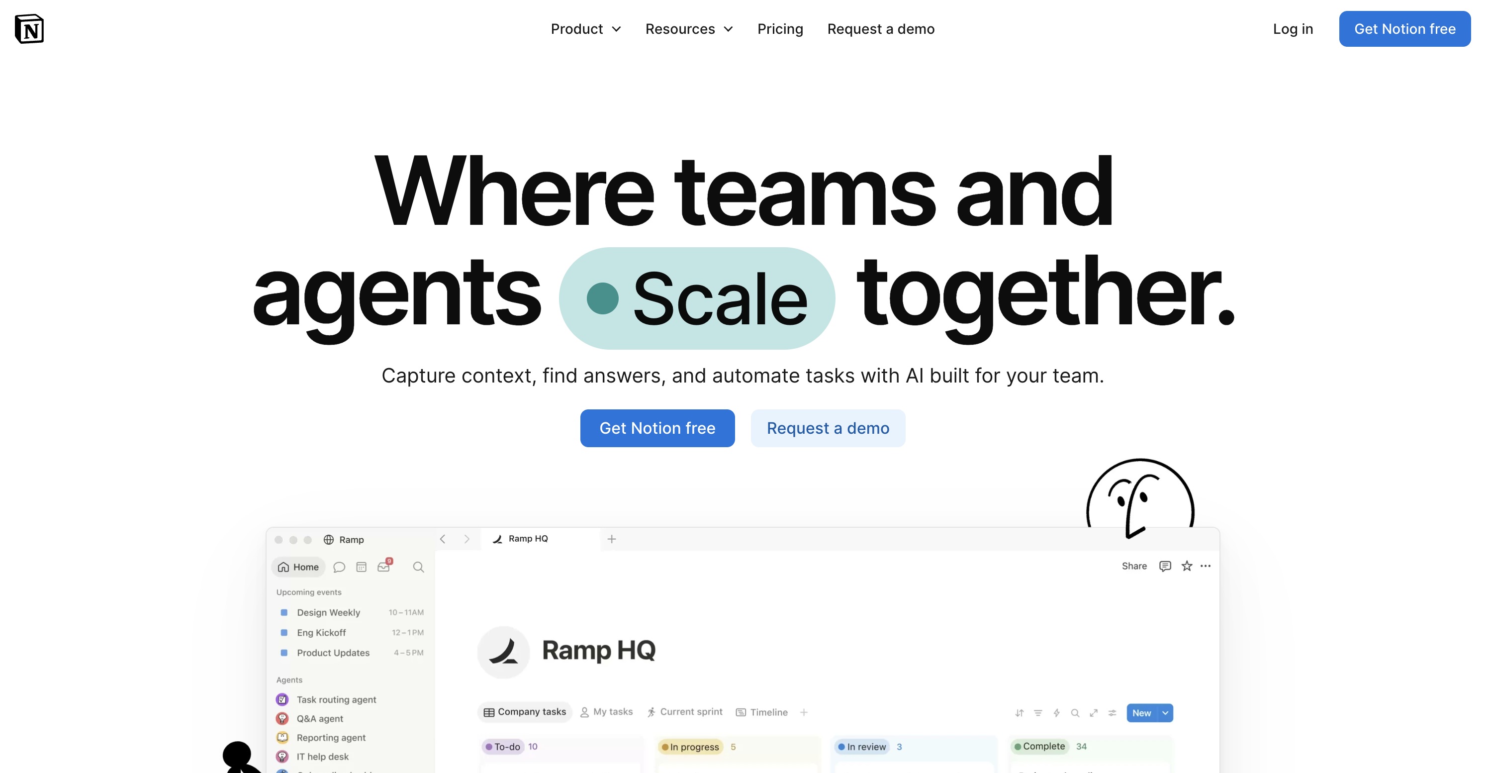 Notion's two CTAs: Sign up free and Request a demo