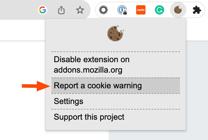 How to report a cookie warning in the I don't care about cookies Google Chrome extension.