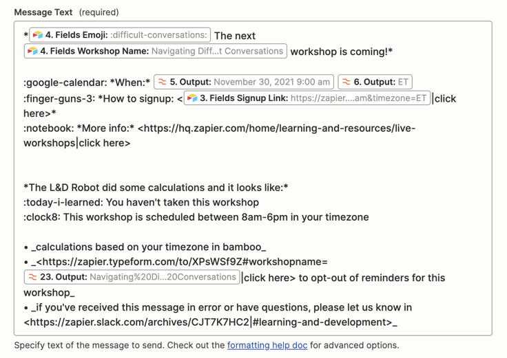 The Message Text field of a Slack Zap is shown, with formatting and data points entered from other Zap steps.