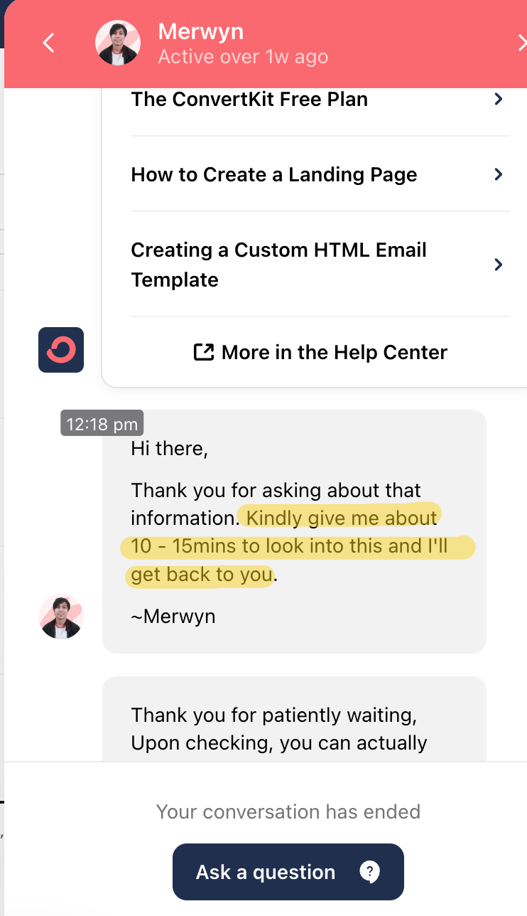 ConvertKit's live chat letting the author know how long it will take