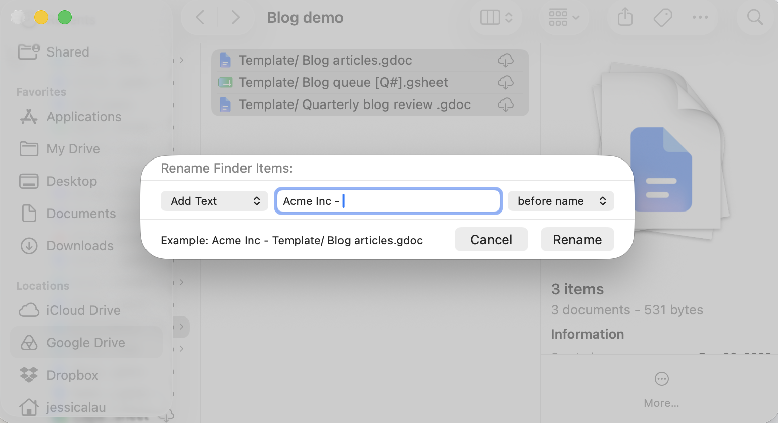 Finder window on Mac displaying a rename finder files window.